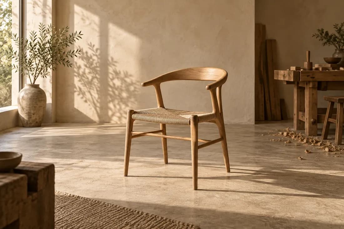 Illustration du concept Atelier : chaise artisanale en chêne dans un atelier baigné de lumière.
